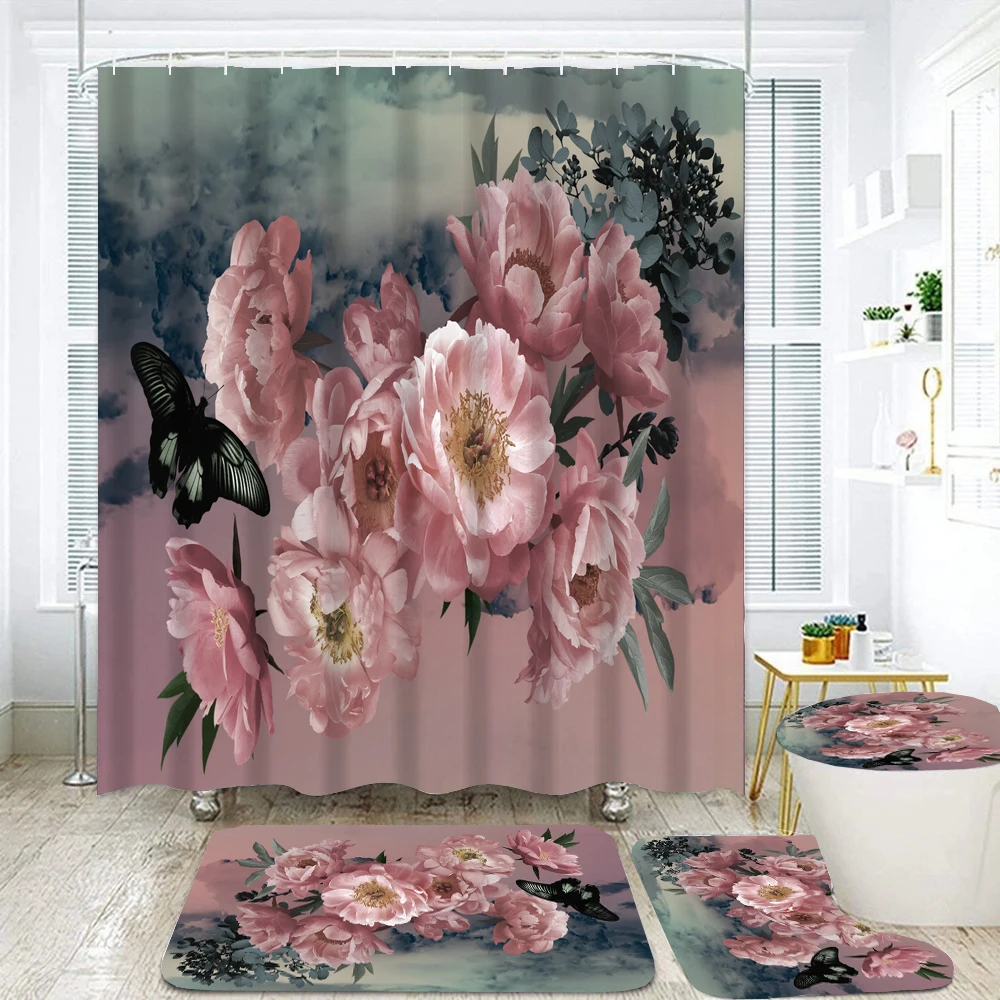 

Butterfly Flowers Shower Curtains Flower Decor for Bathroom Polyester Fabric Decorative Bath Screen Toilet Cover Carpet WC Sets