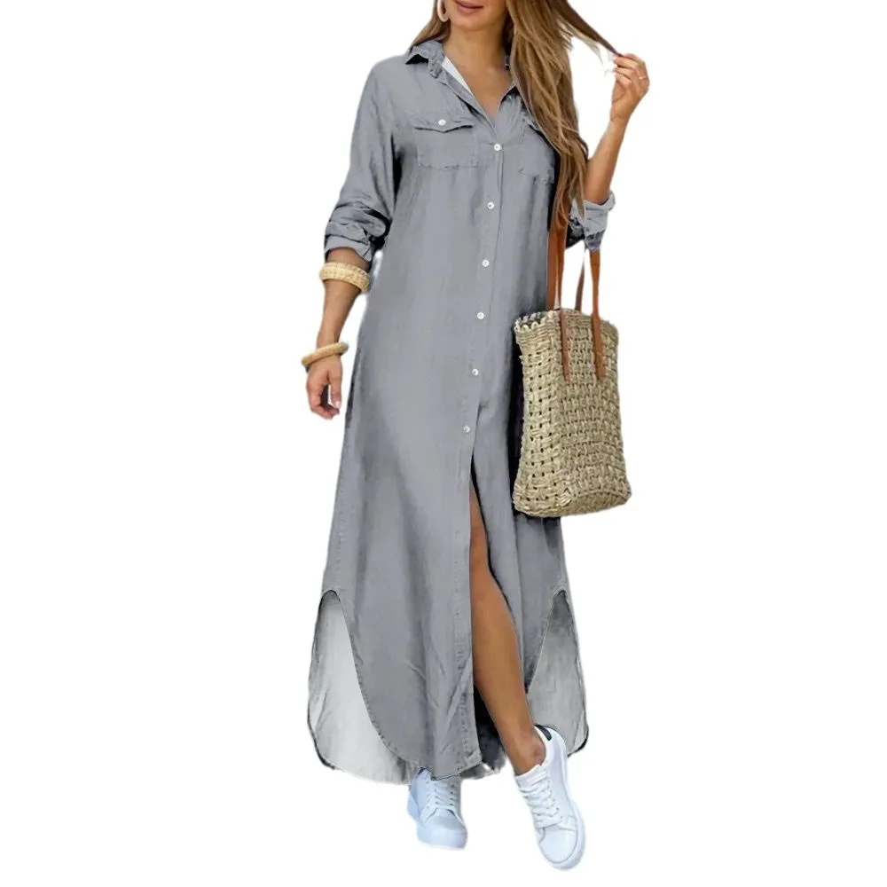 Women Dresses 2026 Spring/Summer Fashion long-sleeve solid color turn down collar button open stitch long dress vestidoes