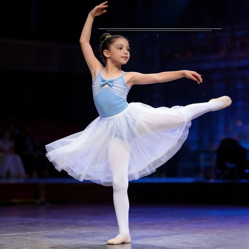 

Girls Ballet Leotard Dress Detachable Tutu Leotard Bowknot Spaghetti Strap Tulle Skirt Dancewear Kids Performance Costume