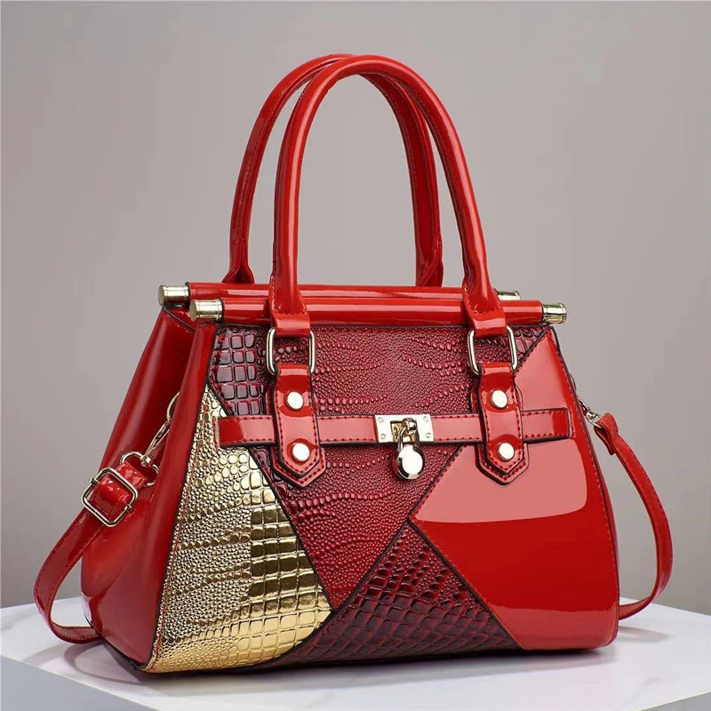 

2024 New Spliced Bright Leather Large Capacity Texture Lizard Pattern Single Shoulder Oblique Straddle Quality Women's Bag