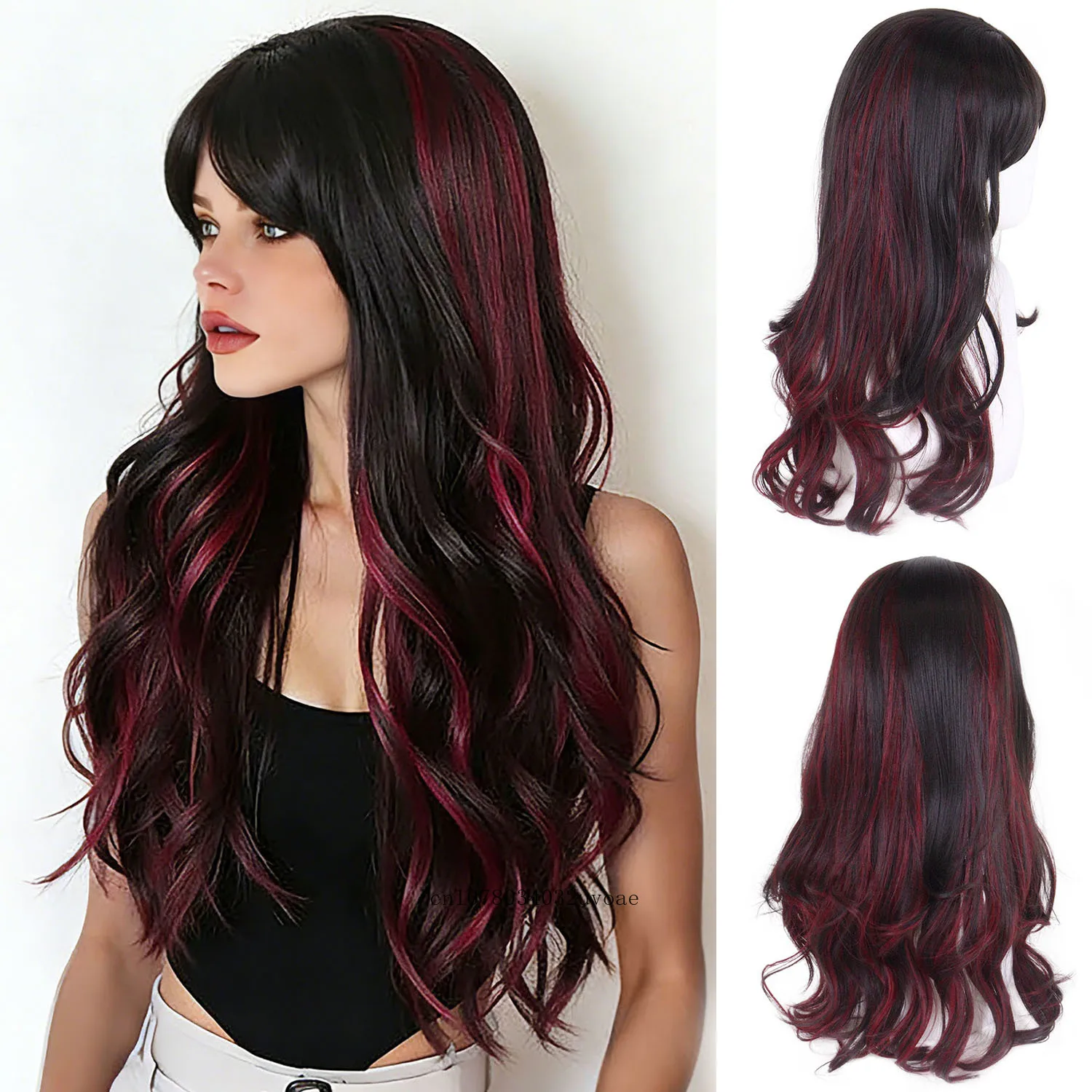 

Синтетический красный парик с коричневыми прядями и челкой, женский длинный кудрявый парик для Хэллоуина, 24 дюйма, натуральный, термостойкий, для косплея