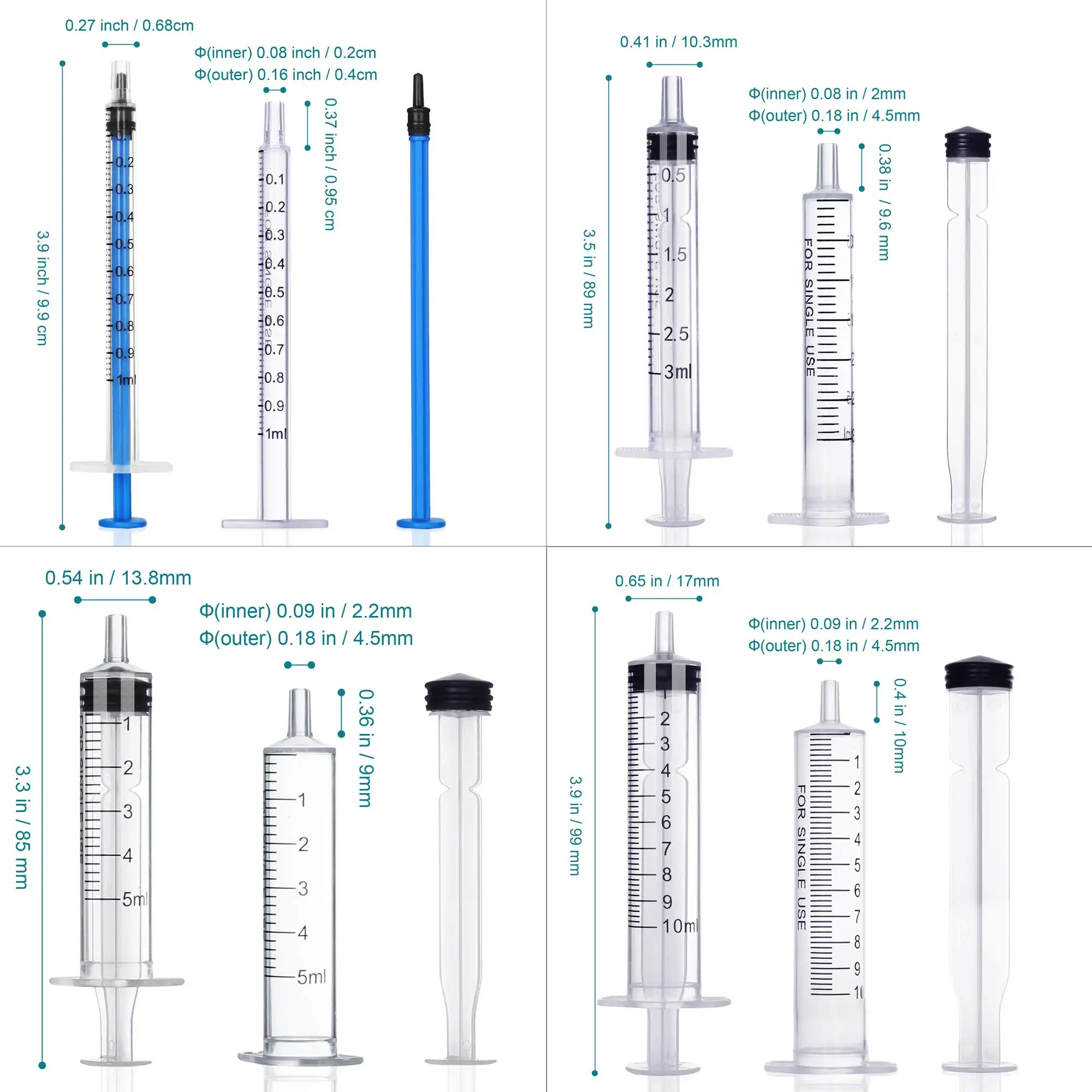 20Pack 1ml / 3ml / 5ml / 10ml Syringe Without Needle - Small Plastic Syringes Sterile Packed with Cap for Lab Use,Measuring