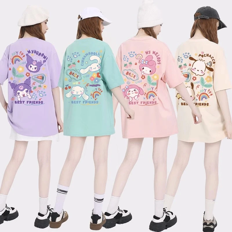 

Sanrios Cartoon Summer Cinnamoroll Ventilate Comfortable T-Shirt Anime Round Neck Kuromi Short Sleeve Kawaii My Melody Tops Gift