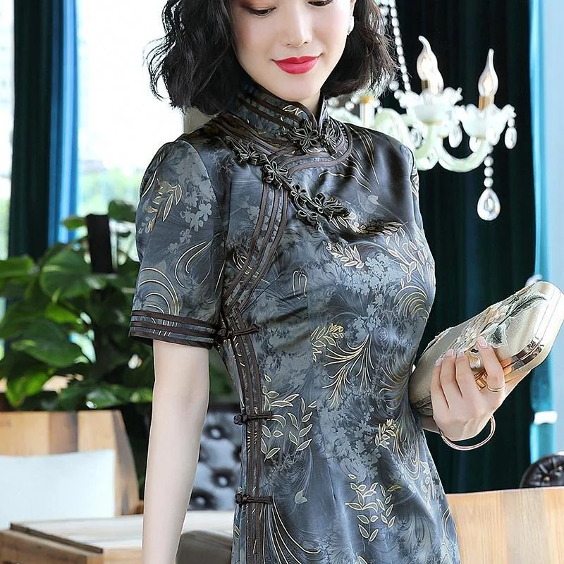 

Printed Ethnic Style Chinese Trend Chinese-style Women Clothing Elegant Daily Improved Version Mid-length Cheongsam Dress Women