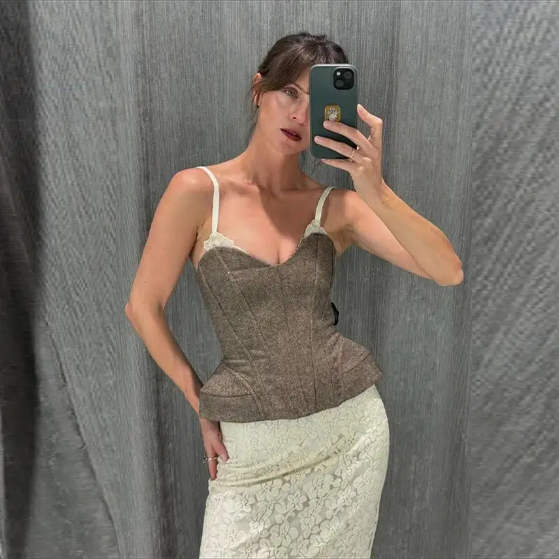 

Sexy Sling Fishbone Top Women V Neck Backless Patchwork Lace Zipper Top Female 2026 New Chic Fashion Party Evening Tank Corsets