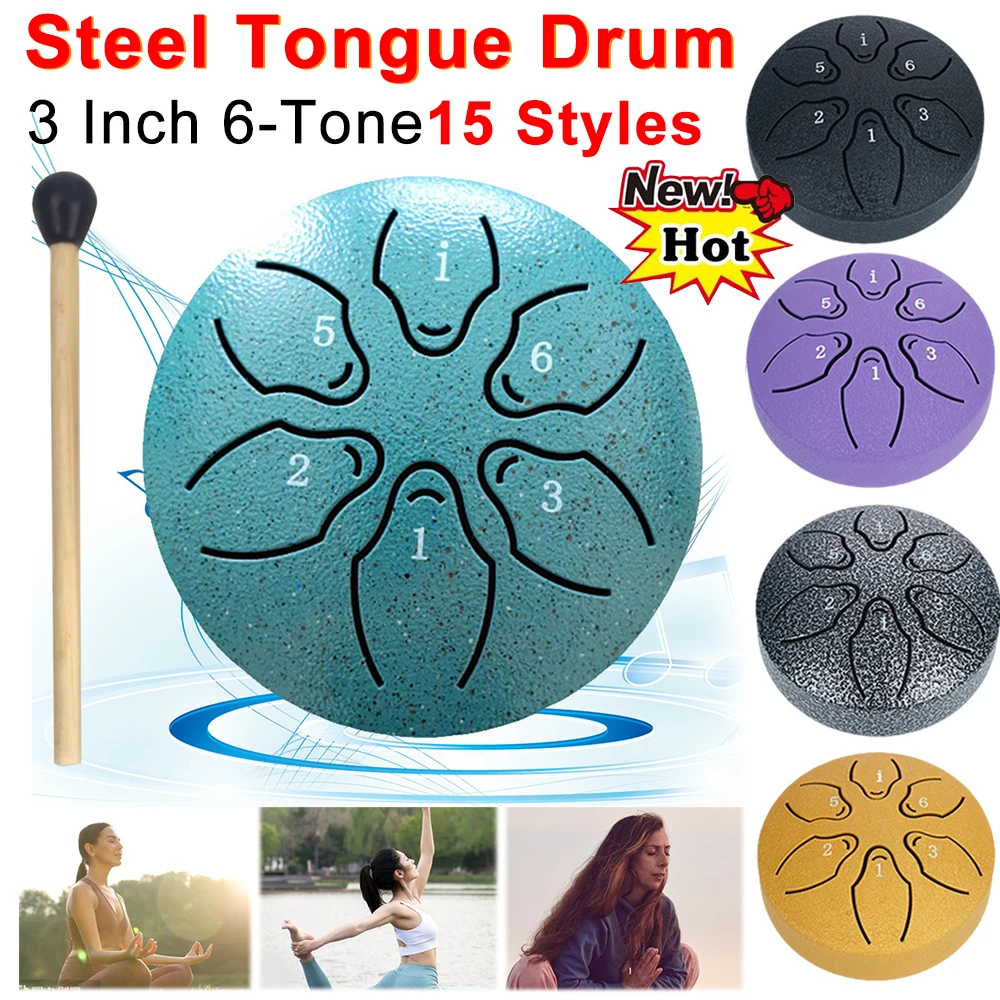 Steel Tongue Drum 3 Inches 6 Notes Hand Pan Drums 15 Styles Rain Chime Drum Percussion Musical Instruments for Yoga Meditation