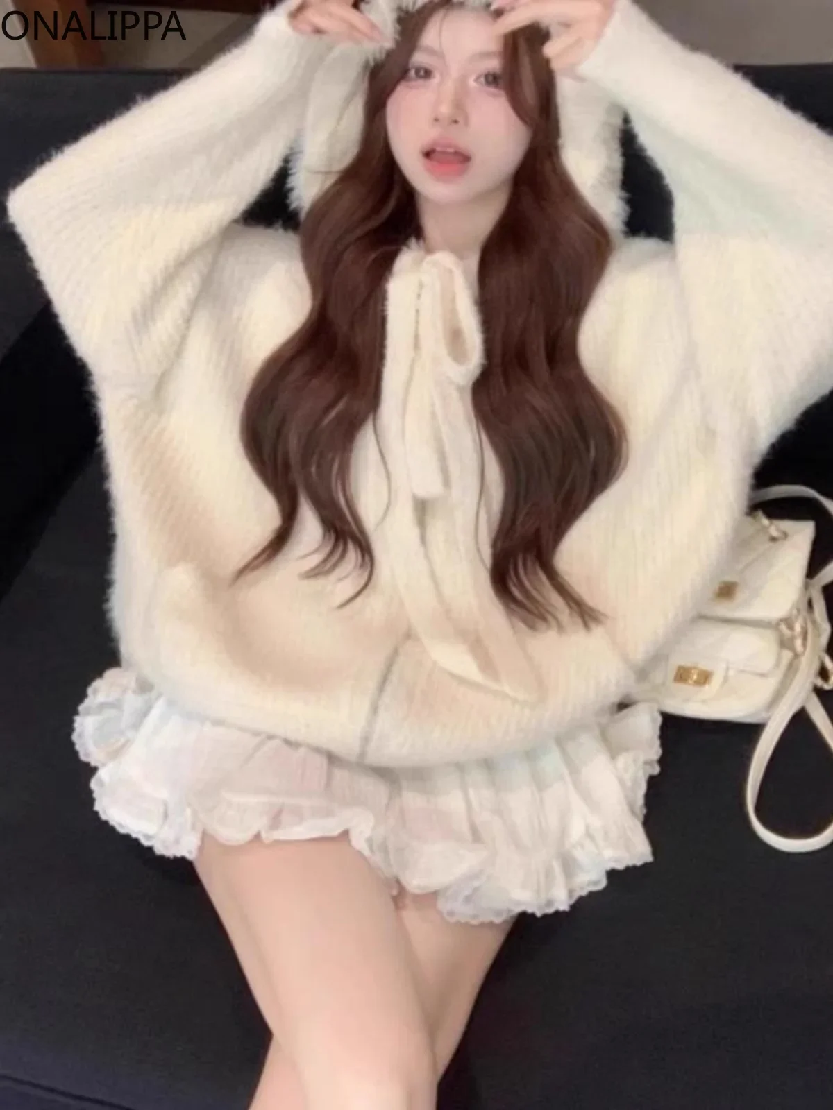 Onalippa Imitation Mink Fur Horsehair White Cardigan Women Pure Design Wind Zip Up Cardigans Korean Hooded Casual Hoodies