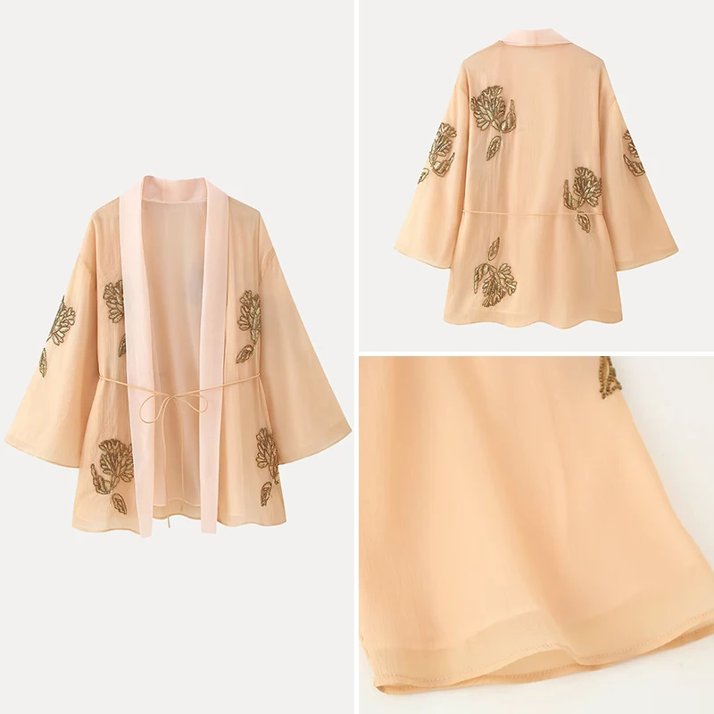 

Women's ort Kimono Sle Jaet Beaded Decor Street Sle Loose Fit Long Sve V-Ne Button Closure Floral Pattern