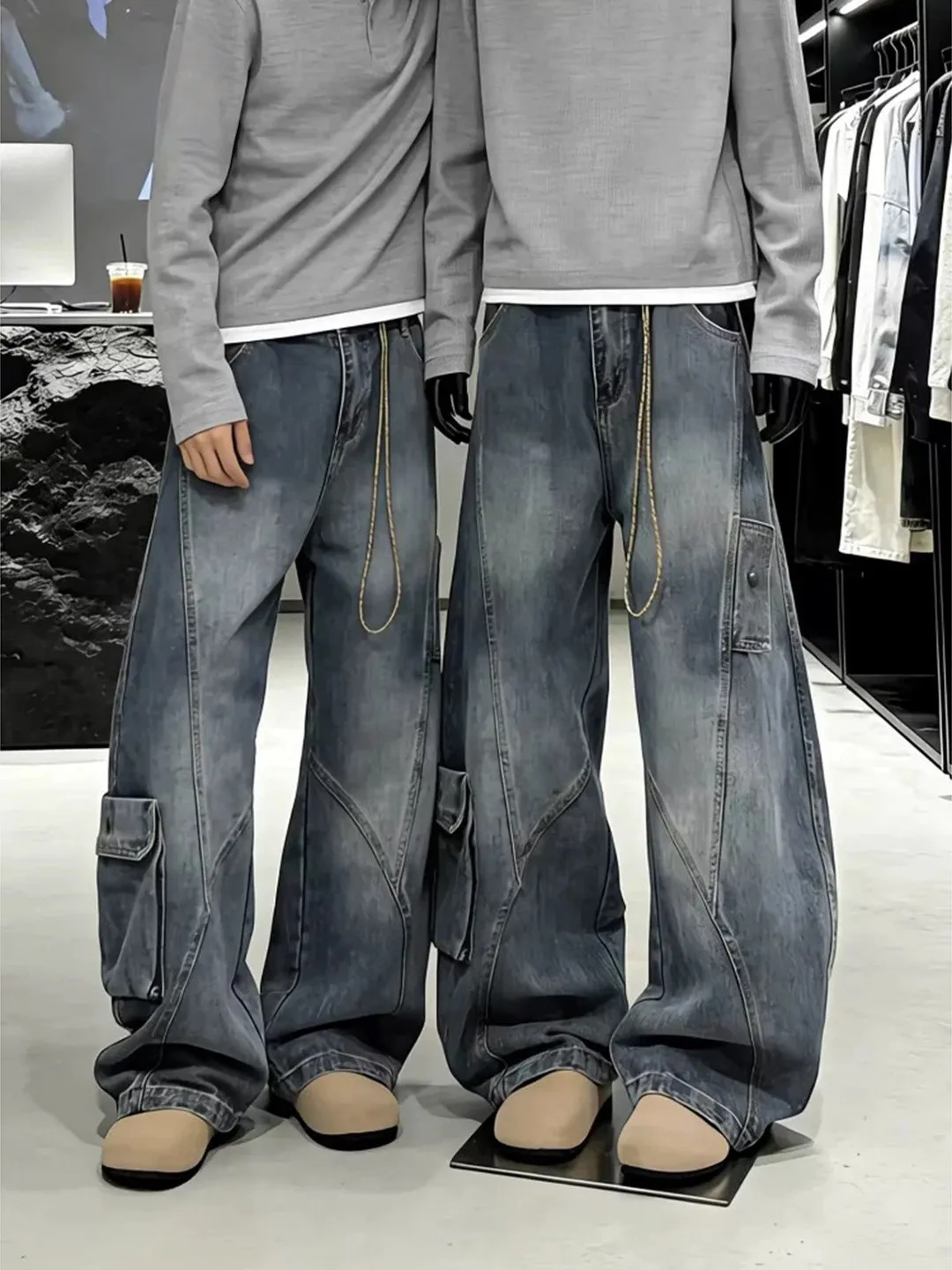 

American Sle Men's Wide Leg Workwear Jeans Spring Large ket Straight Knife Pants Cleanfit Flared Pants Casual Youthful