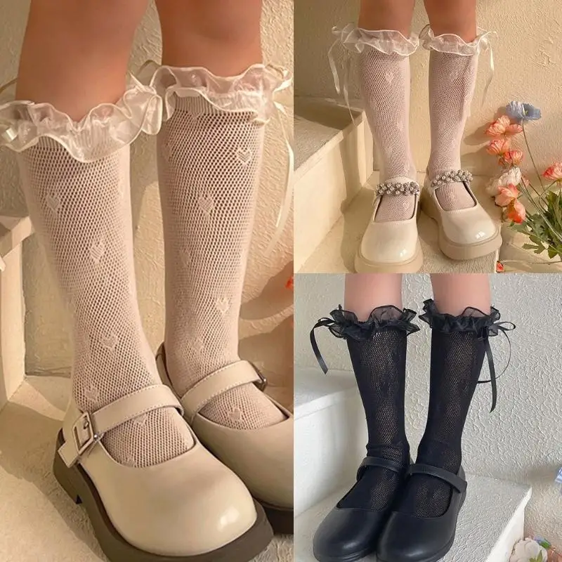 Girl KneeHigh Socks Breathable Mesh MidCalf Socks Kids Women Spring Stretchy Lace Ruffle Dress Socks for Little Girl