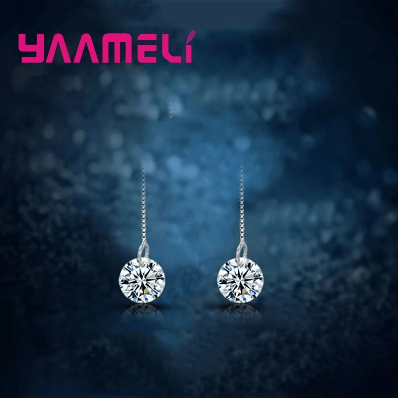 Shiny 925 Sterling Silver Round Shape Cubic Zircon Crystal Long Tassel Drop Earrings for Women Wedding Party Trendy Jewelry Gift