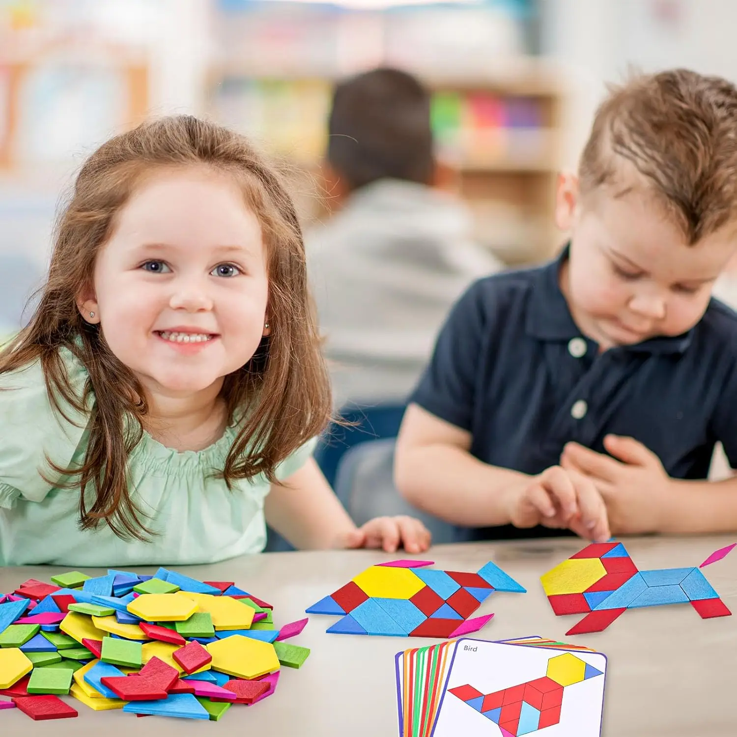 كتل نمط خشبية أشكال للأطفال، لغز تانجرام هندسي مع بطاقات أنشطة، 150 قطعة لعبة تعليمية #6