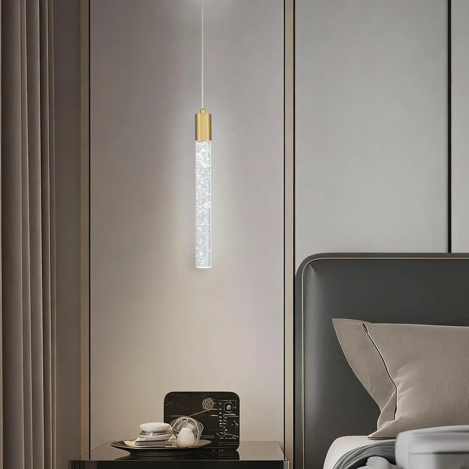 2PC Gold Bubble Crystal Pendant Light, 1-Light Modern Mini Chandelier with Integrated LED, Adjustable Hanging Crystal Rod Chandelier for Kitchen Island Dining Room Entryway