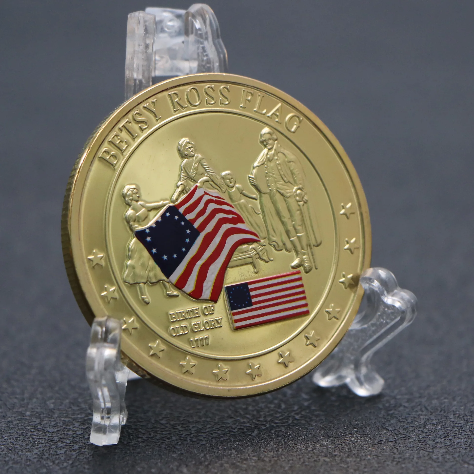 Moneda de recuerdo con bandera de Betsy Ross de Estados Unidos, historia de la antigua gloria, moneda conmemorativa chapada en oro