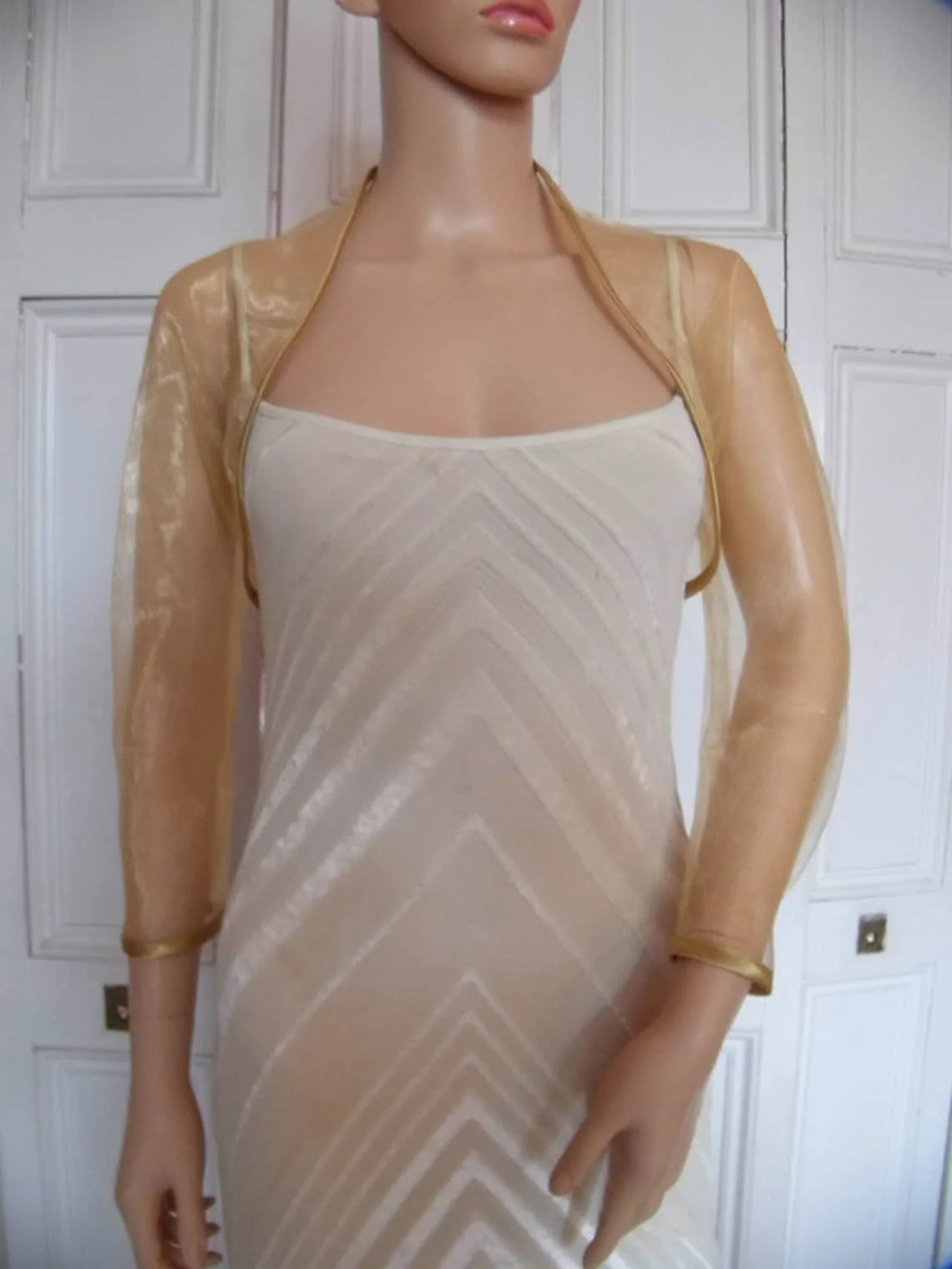 Organza kurtka ślubna z pełnymi rękawami złote bolerko panny młodej formalne przyjęcie wzruszenie ramion kobiety peleryna ślubna Wrap akcesoria wykonane na zamówienie
