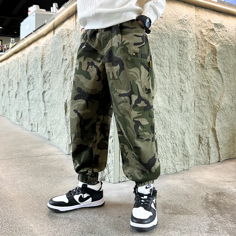 Boys Camo Pants Spring Autumn Kids Casual Trousers Children Cotton Multi-Pocket Baggy Streetwear Hip Hop Military Tactical Pants