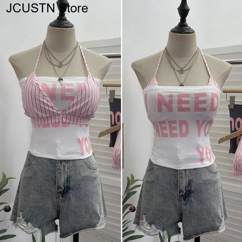 Y2Kサマー新作タンクトップ レディース セクシー 2点セット ストラップレス キャミソール 原宿系 ゴス レター エモ ガールズ ストリートウェア グランジ クロップトップ