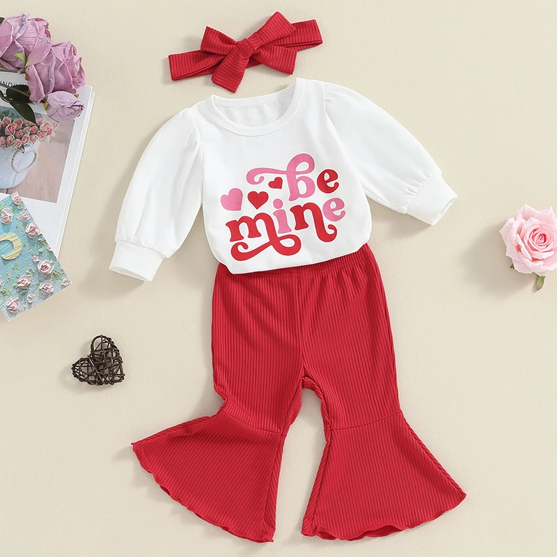 

Toddler Girls Heart Print Long Sleeve Romper and Ruffle Pants Headband Set Valentine s Day Outfit Spring Clothes for Baby Girls