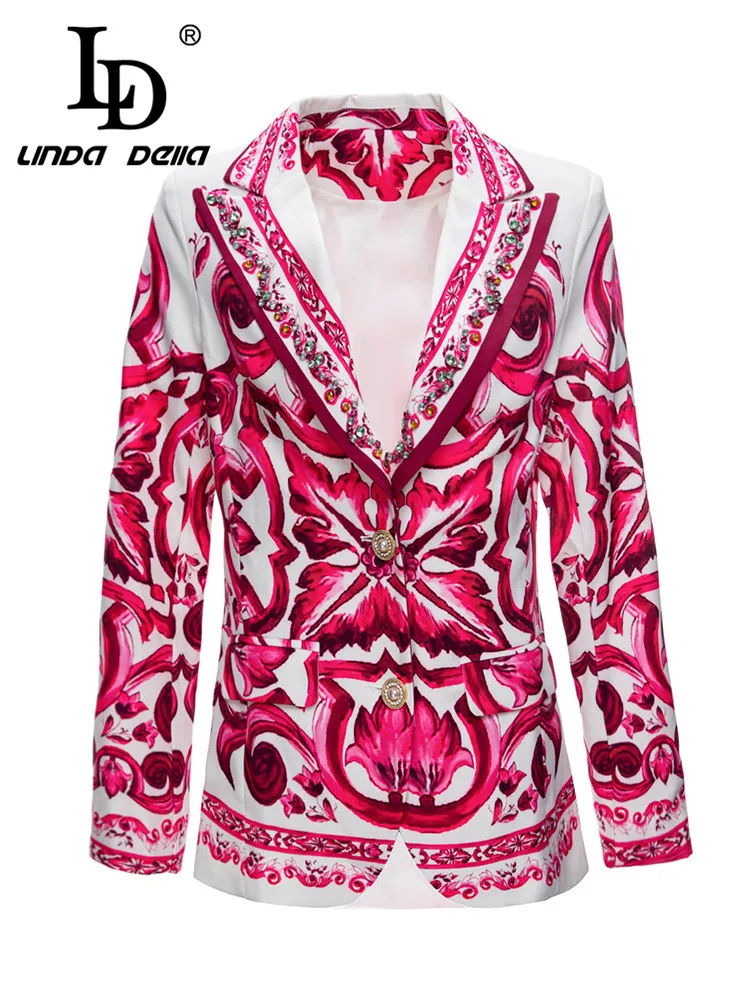 LD LINDA DELLA 2023 New Style Fashion Designer Wine Red V-Neck Extravagant Nail Bead Single-breasted Print Loose Coat