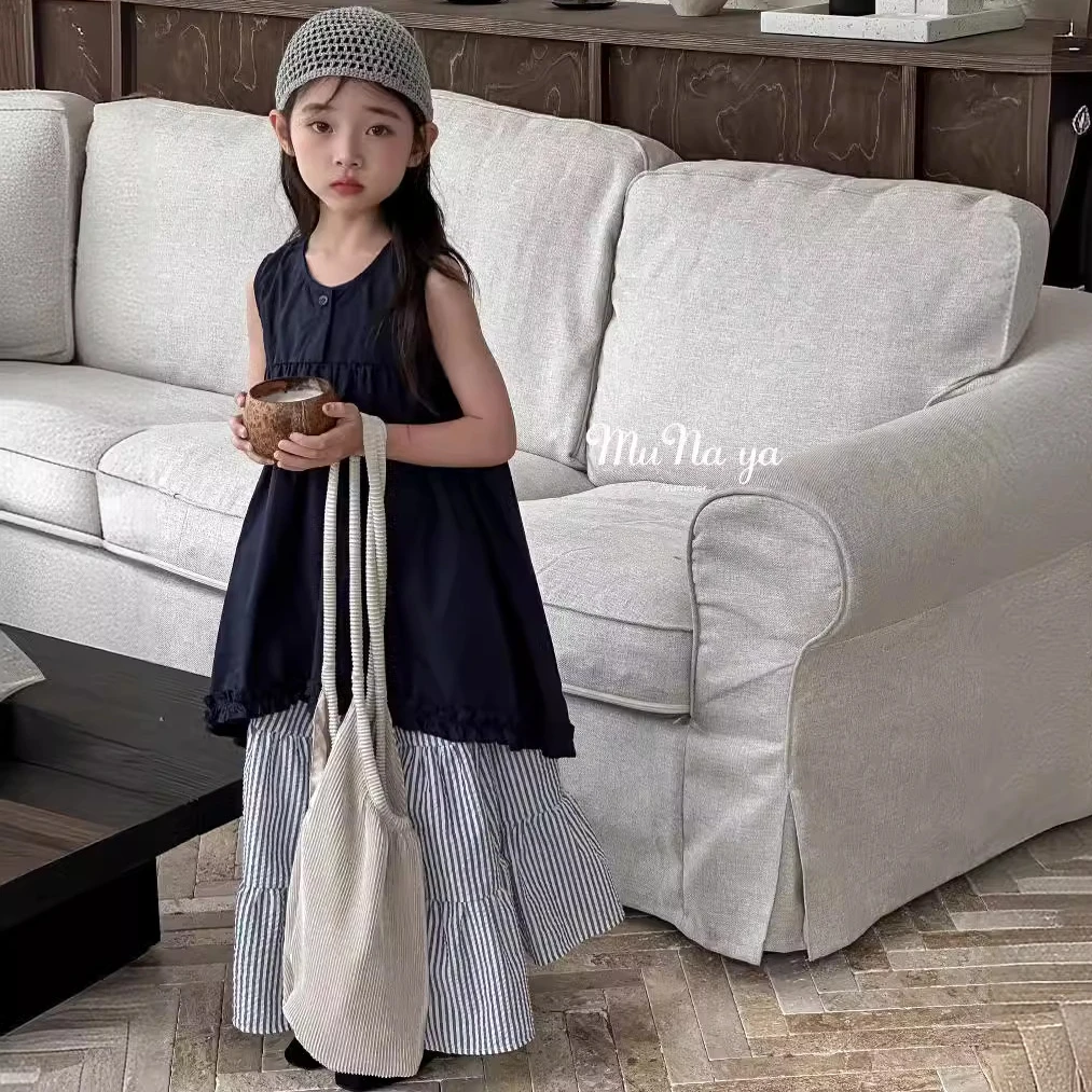 

Girls Two-piece Set 2024 Summer New Korean Style Girls Sleeveless Cotton Dress Long Skirt Set Girls Casual Simple and Match