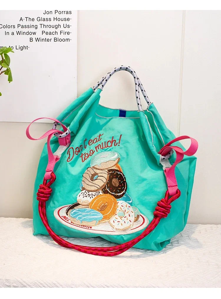 Eco-Friendly Ball Chain Embroidered Handbag Tote Bag Nylon Cloth Shopping Bag Soft Structure Mobile Phone Pocket Interior