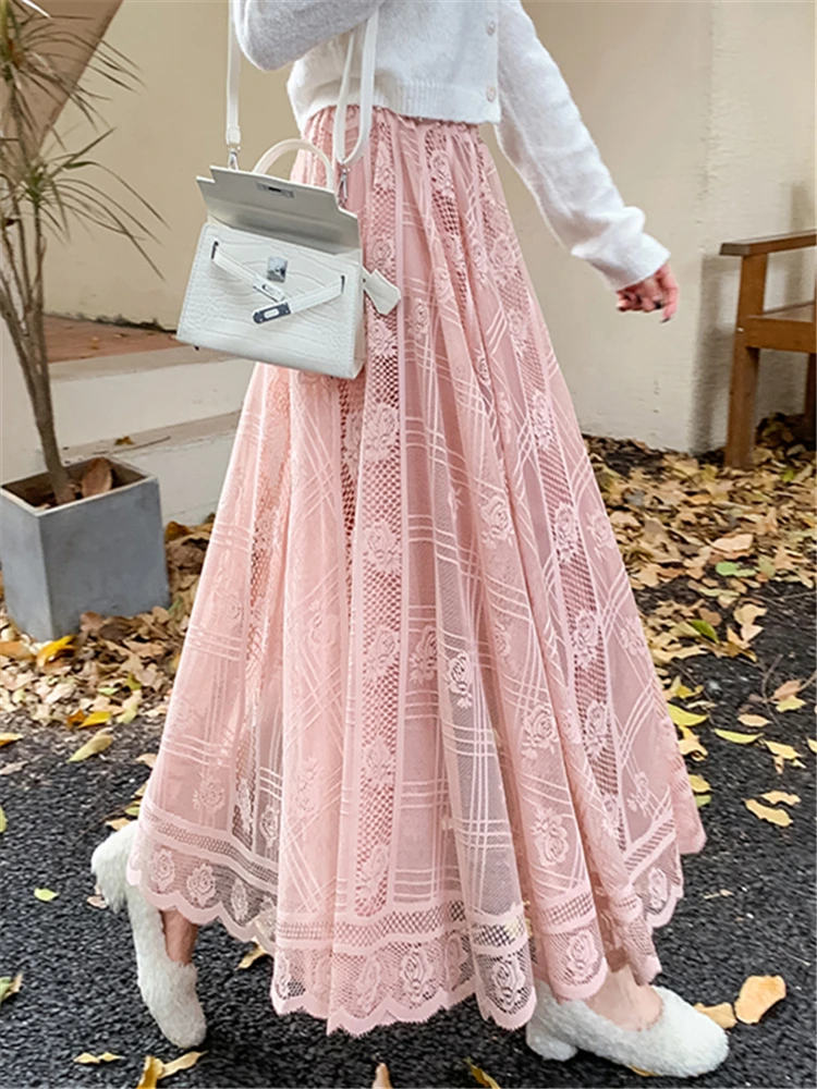 Seoulish กระโปรงถักโครเชต์ลูกไม้เอวสูงสำหรับผู้หญิงกระโปรงยาวทรงร่มสไตล์เกาหลีสำหรับใส่ในงานเลี้ยง2023ใหม่