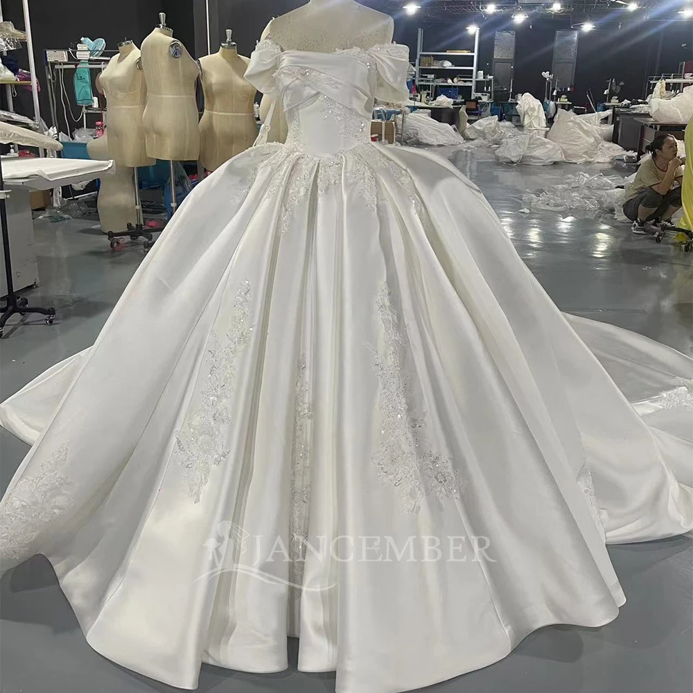 

Tiptop Ball Gown Wedding Dresses With Court Train for Women Customized Bead Satin Off The Shouler Bridal Gowns vestidos de novia