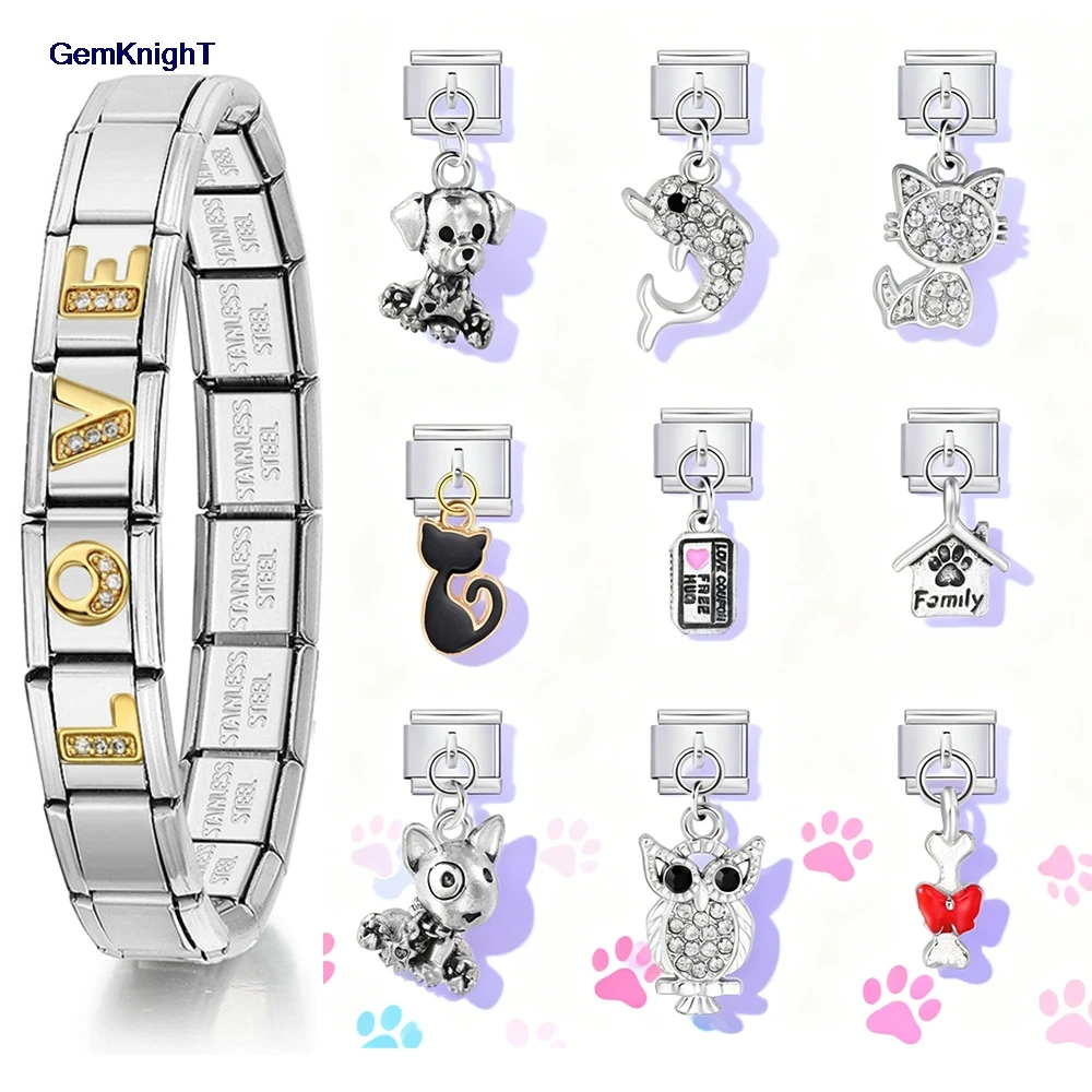 1개 실버 컬러 참 돌고래 고양이 강아지 집 딱정벌레 이탈리안 링크 9mm 스테인리스 스틸 쥬얼리 제작 팔찌 펜던트 DIY