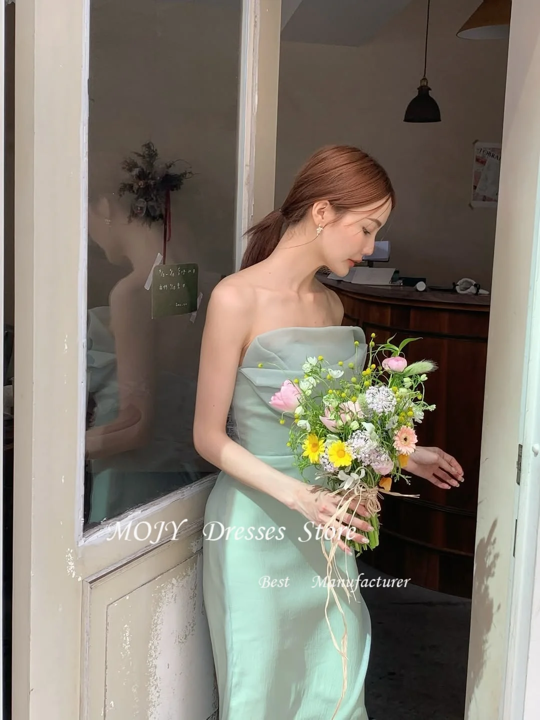 Mojy  Light Green Korea Wedding Dress Photo Shoot Strapless Floor Length Prom Gowns Vestidos Customized 웨딩드레스 Strapless