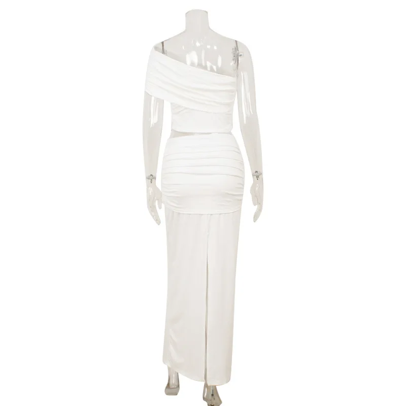 SKMY Solid Color 2025 Sexy One Shoulder Chest Wrapped Crop Tops High Waist Long Skirts Elegant Two Piece Sets Women Outfits - Image 5