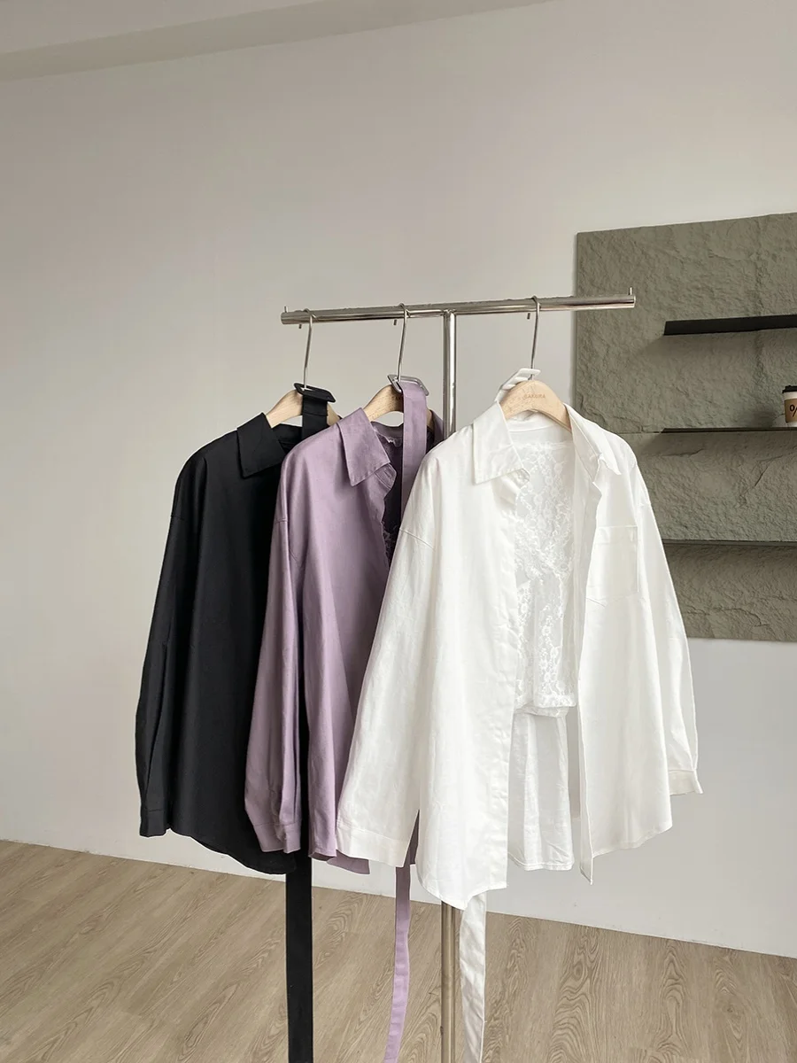 2025 Spring New Korean Version Temperament Long-sleeved Shirt Jacket + Sexy Purple Lace Inner Two-piece Sets Women Outfits