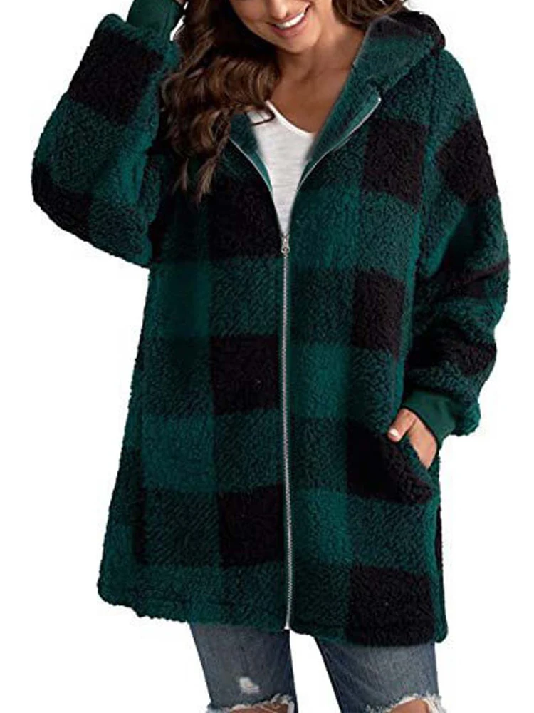 2023 Autumn Winter Plaid Faux Fur Coat Women Teddy Coat Hooded Jackets Female Furry Teddy Bear Plush Jacket Women