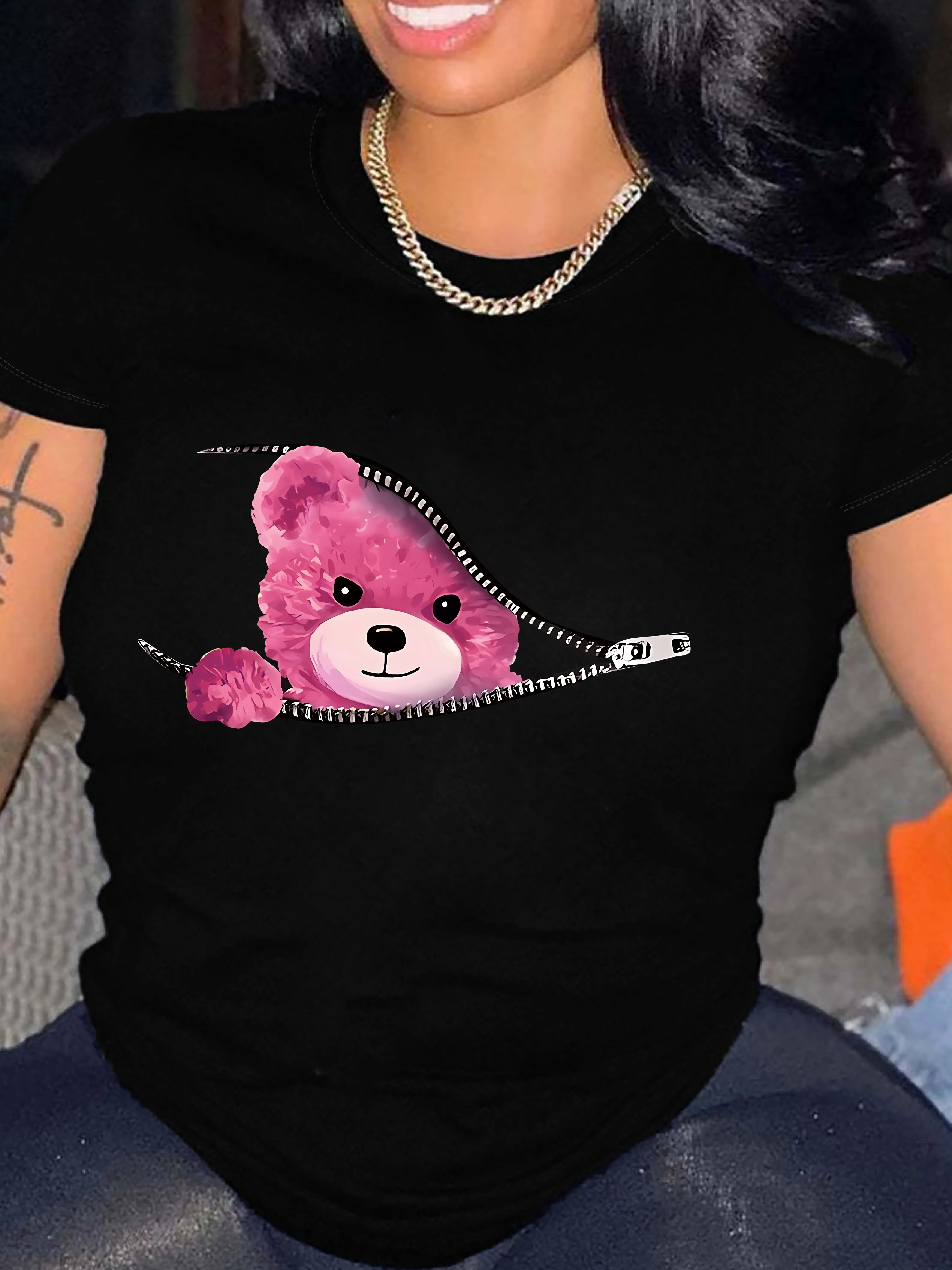 

Summer women's fashionable and casual loose cartoon bear pattern printed round neck short sleeved comfortable T-shirt top