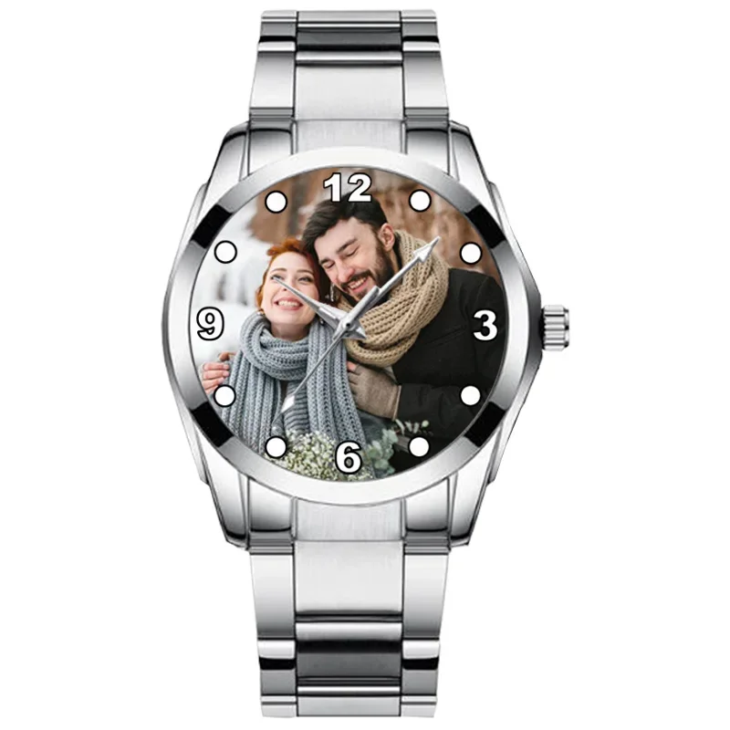 Montre photo personnalisée pour les amoureux, image de bricolage, logo, montres à quartz, image imprimée sur métal, cadran de montre, ne se décolore jamais, cadeau unique pour les couples