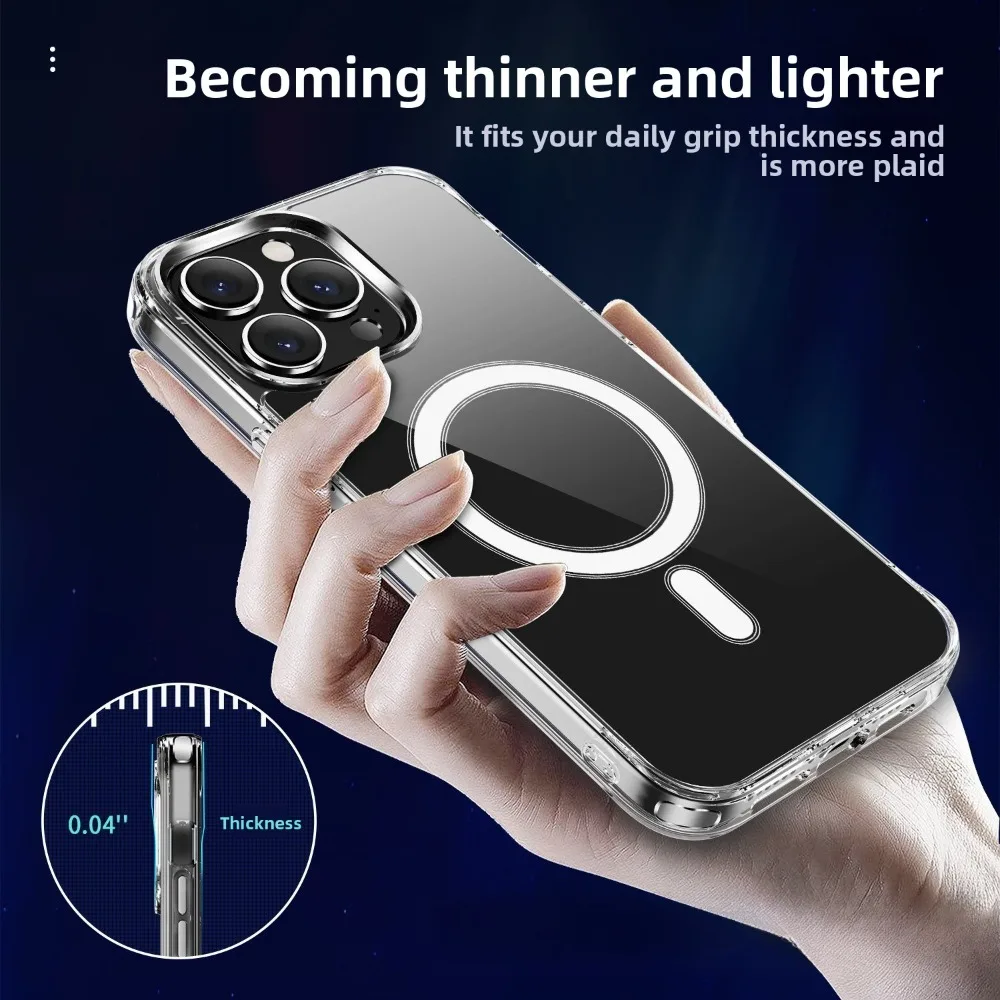 

For IPhone 11 12 13 14 15 16 17 Pro Max Plus Crystal Clear Magnetic Case Four-Corner Airbag Anti-Drop Protective Cover