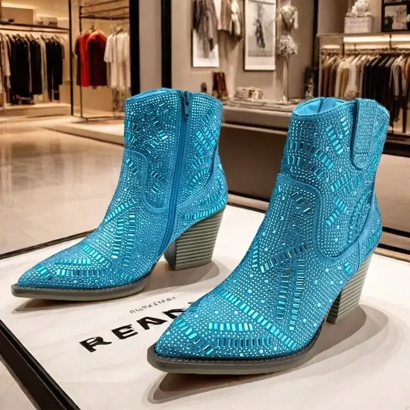 

ZHUOFU Ankle Boots for Women Luxury Full Diamond Chelsea Boots Western Cowboy Y2k Fashion Wedges Pointed Toe Zipper Women Heels
