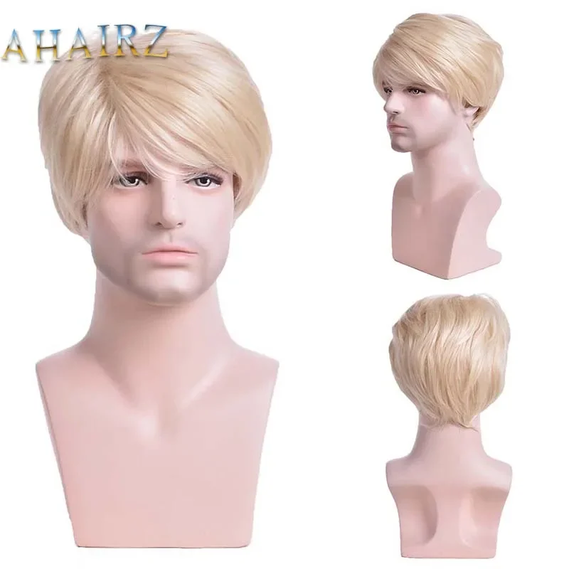 

Men's Wig Synthetic Hair Fluffy Short Light Blonde Layered Wigs with Bangs Looking Daily Party Casual Adjustable Cap Size