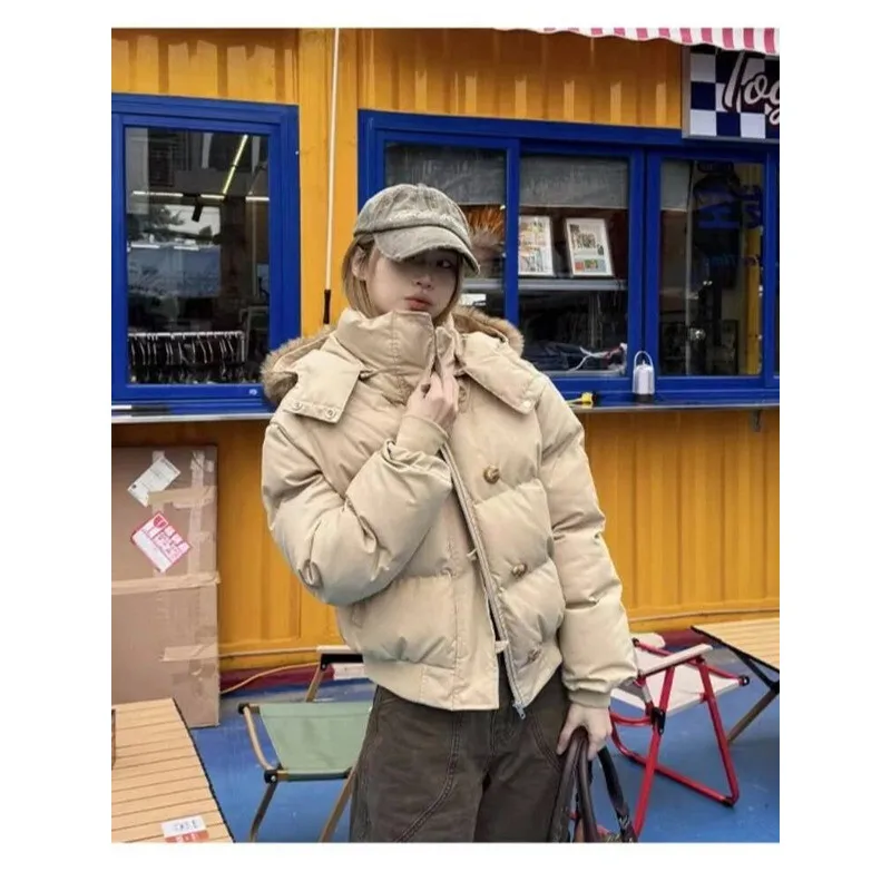 

Autumn Winter Fur Hooded Jacket Women Outerwear Thick Cotton Padded Slim Short Parkas Female Cropped Puffer Bubble Coat