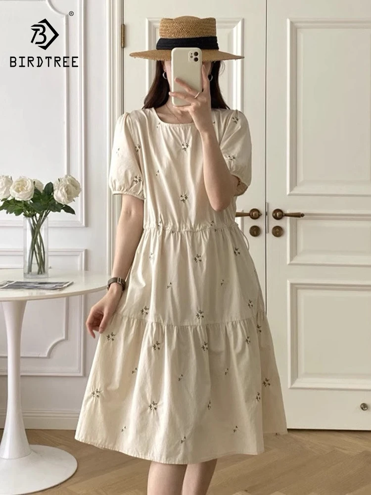 

New 2025 Summer Cotton Short Sleeve Dresses, Women O Neck Floral Embroidery, Mori Girl Retro Commute Loose A-line Dress D56728CC