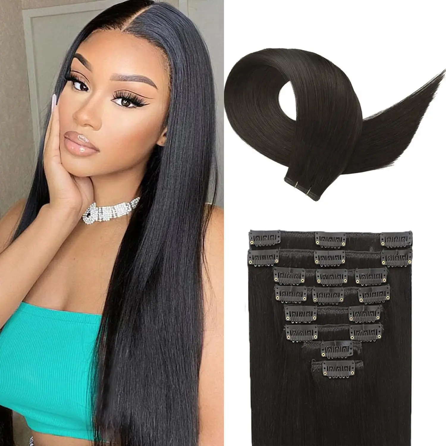 

Накладные пряди для волос из натуральных человеческих волос, 8 шт., 16 дюймов, 10A, бразильские, из девственных волос Реми, на заколках, для женщин, двойная толщина