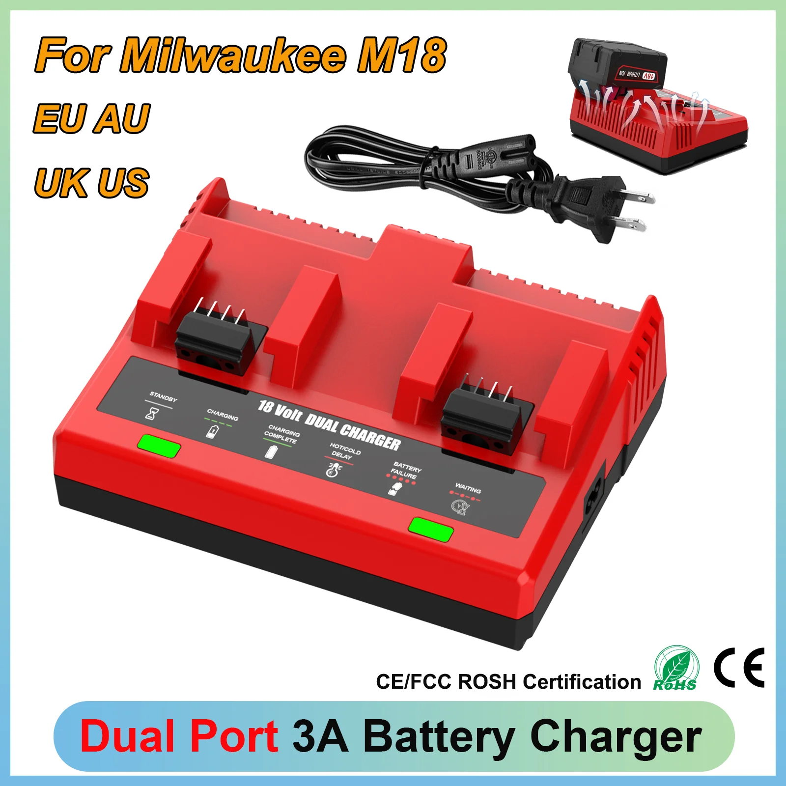 

Двухпортовое зарядное устройство 3A для литиевых аккумуляторов Milwaukee 18V M18 (48-11-1815, 48-11-1820, 48-11-1830) с функцией быстрой зарядки