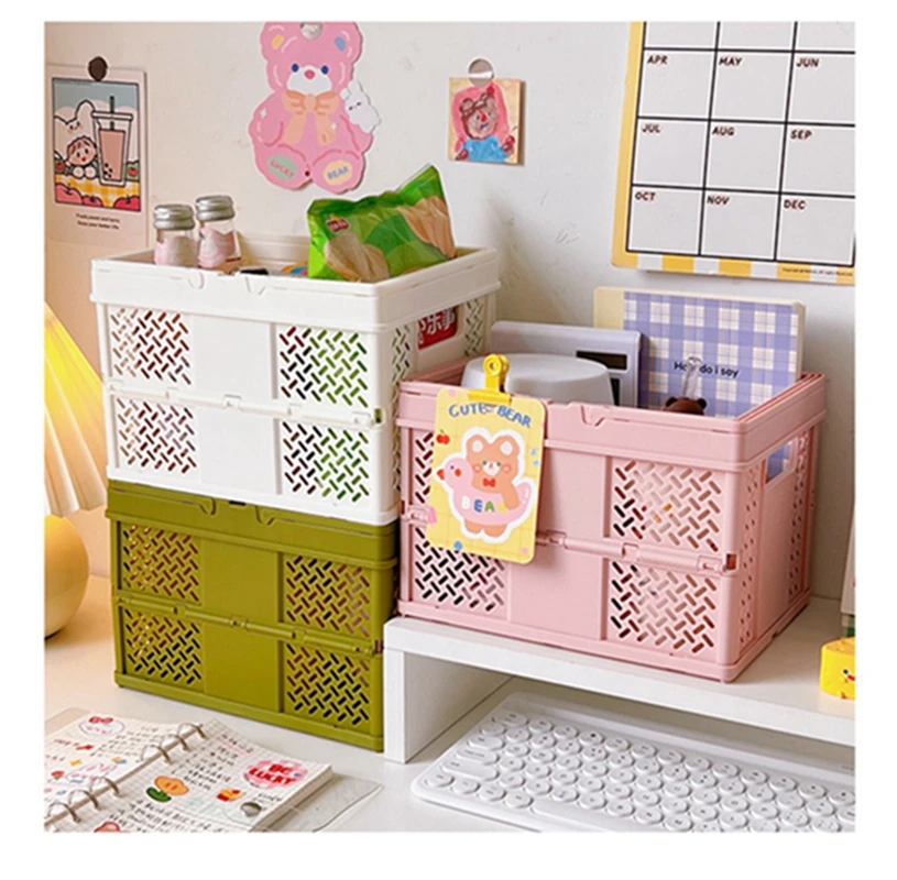 

Small Desktop Foldable Storage Box With Handle Mini Student Stationery Case Shelf Sundries Cosmetics Picnic Storage Basket