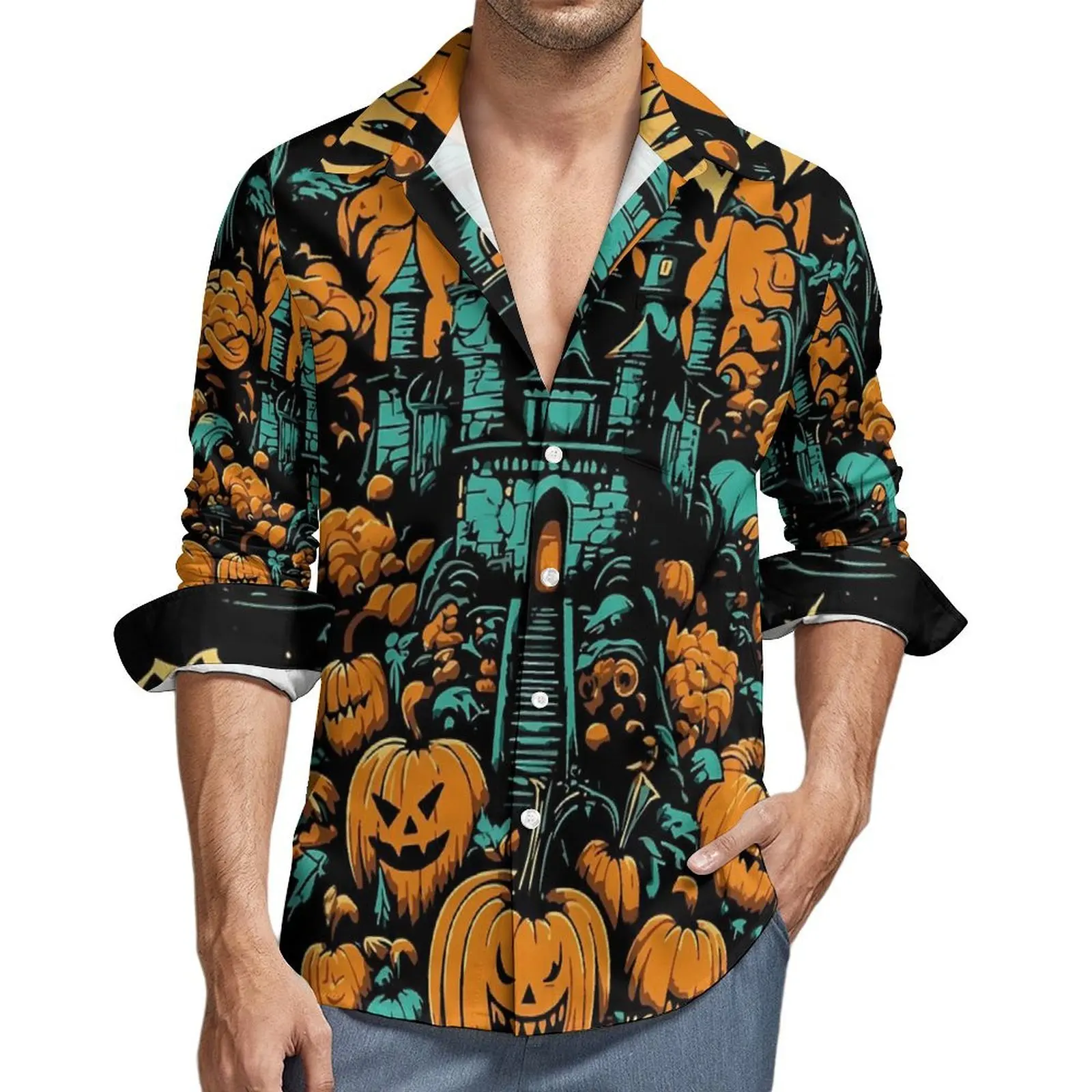 

Halloween Pumpkins Blouse Men Haunted House Shirt Long Sleeve Classic Harajuku Casual Shirts Autumn Design Clothing Plus Size