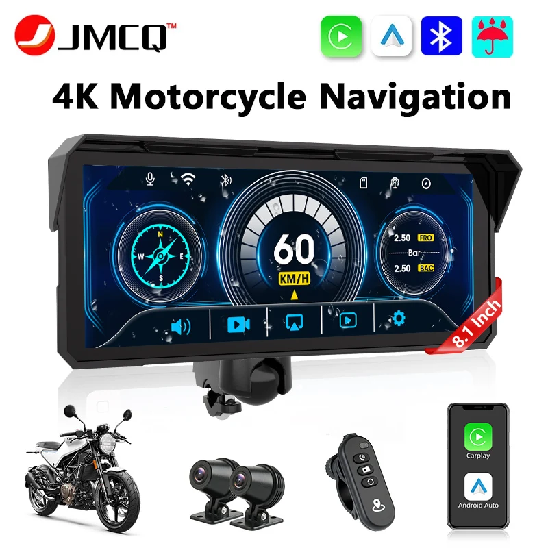 

Портативный мотоциклетный видеорегистратор JMCQ 8,1 дюйма с 4K-камерой, GPS-навигацией, беспроводным CarPlay и Android Auto, водонепроницаемый (IPX7)