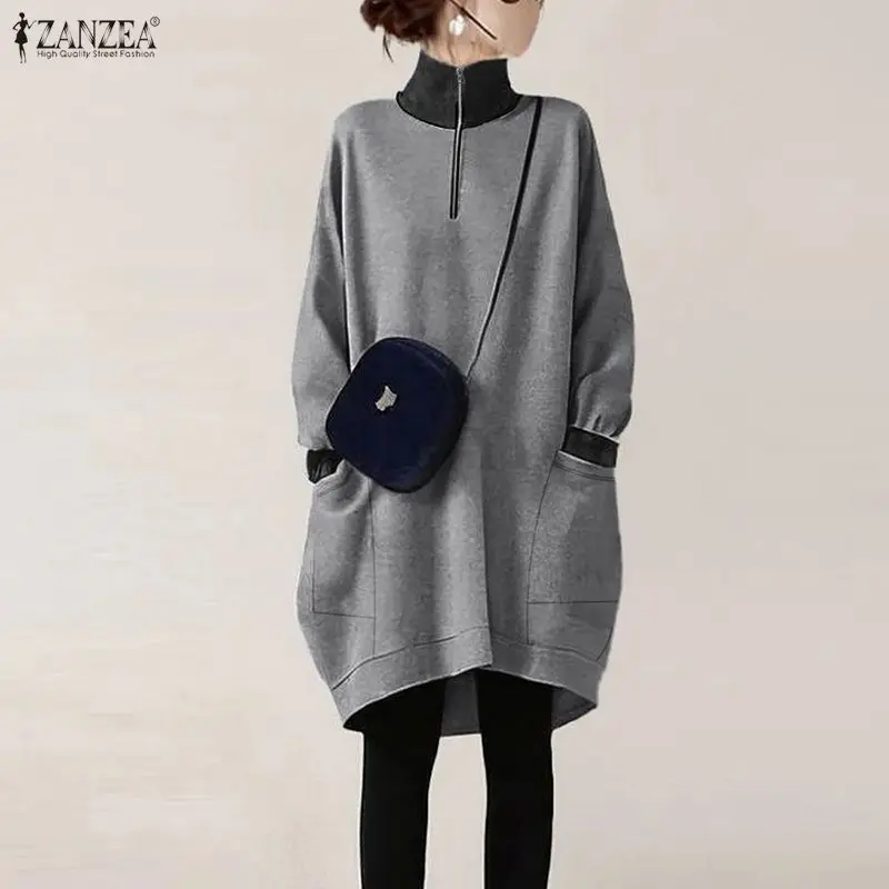 

ZANZEA Autumn Women's Casual Sweatshirt Dress Cozy Turtleneck Long Sleeve Half-Zipper Color-Blocked Knee-Length Dresses Woman