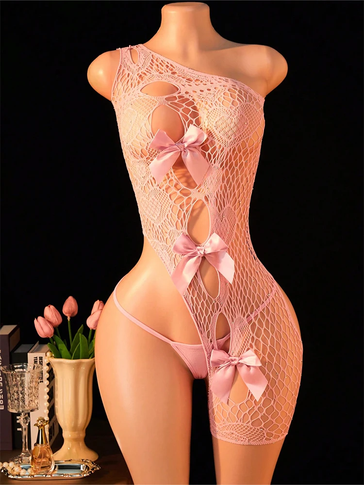 

2pcs Women's Sexy Lingerie Sweet Pink Lace Bodysuit & Thong One Shoulder Cutout Teddy with Bowknots Boudoir Lingerie Nightwear