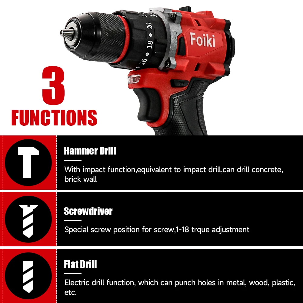 Foiki 18V Brushless Impact Drill 60N·m High Torque 1650rpm for Pro Decoration/FurnitureAssembly/DIY Milwaukee Battery Compatible