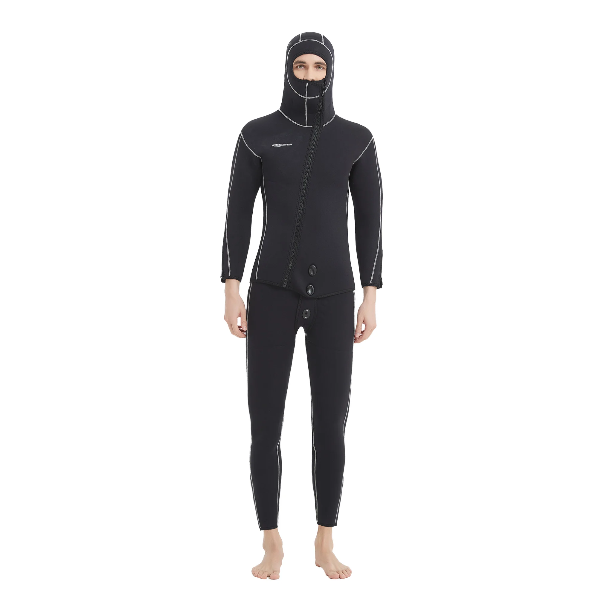 

STLF 5MM Split Hooded Diving Suit with Front Slanted Zipper for Cold Insulation, Surfing, Deep Diving, and Free Diving Wetsuit