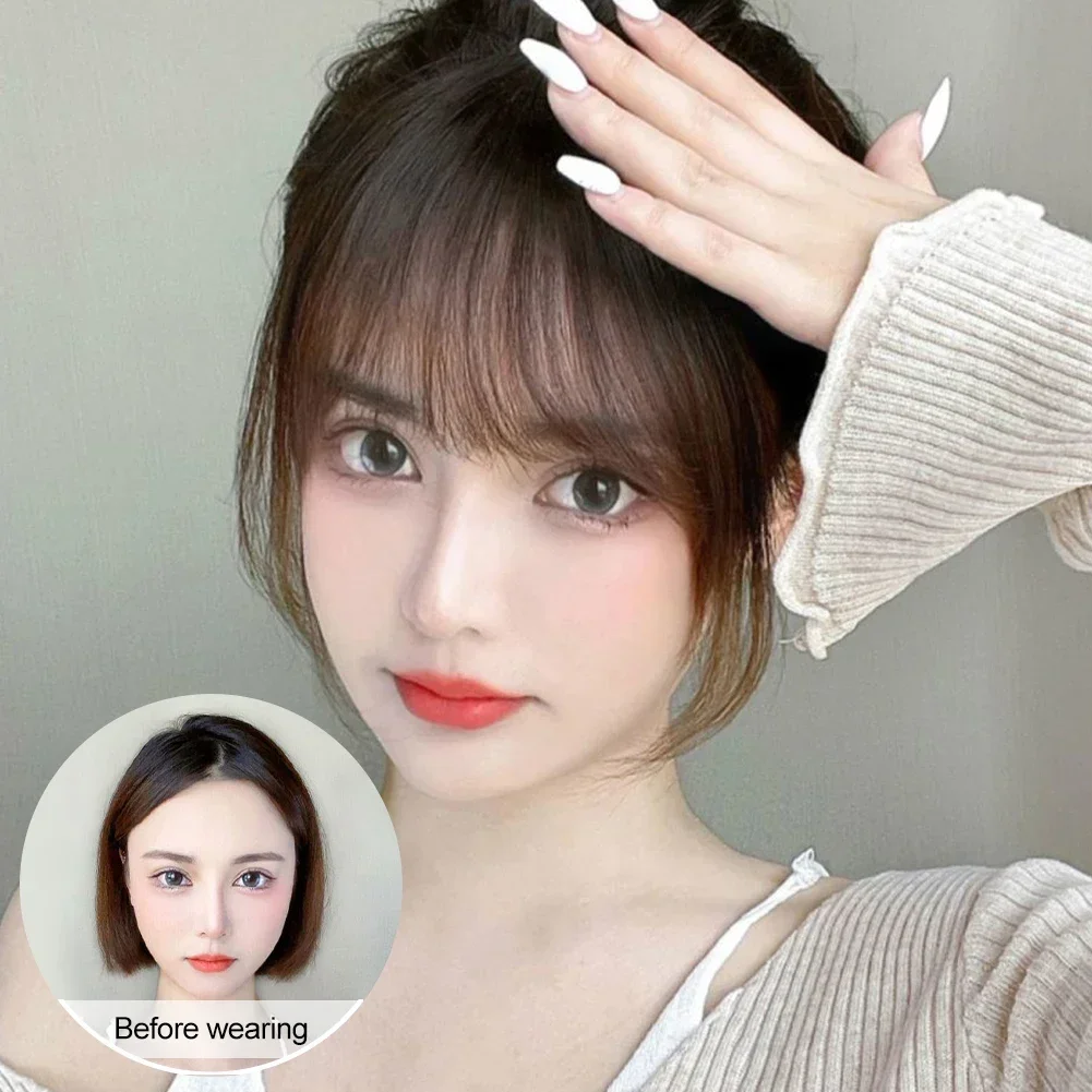 Human Hair Bangs OverHead Clip in Hair Extensions Brown Natural Hairs Wispy Bangs Fringe Hairpieces for Women in Air Bangs