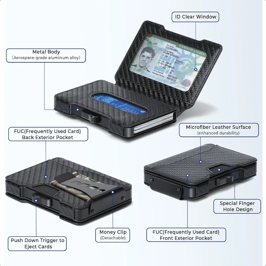 Slim Wallet for Men Minimalist Mens Wallet with Money Clip Aluminium Pop Up Card Case and Leather Slots Credit Card Holder RFID